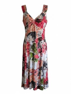 JOSEPH RIBKOFF | Bold Abstract Face Print Silky Midi Dress Wearable Art  | 16